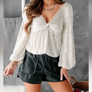 SPARKLE & SHINE SEQUIN BALLOON SLEEVE TOP (IVORY) size medium